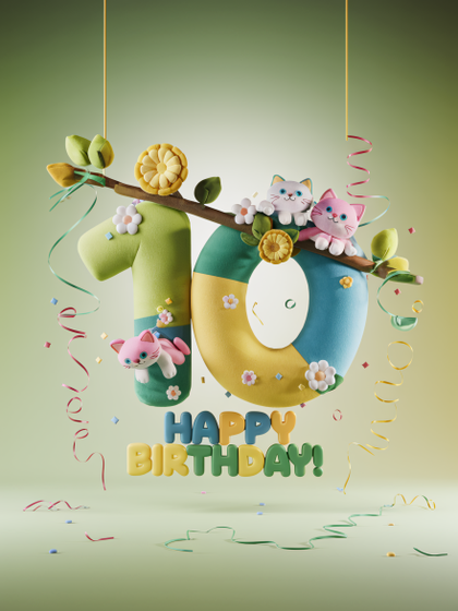 Happy 10th Birthday: Cute 3D Render of Number Ten with Cats