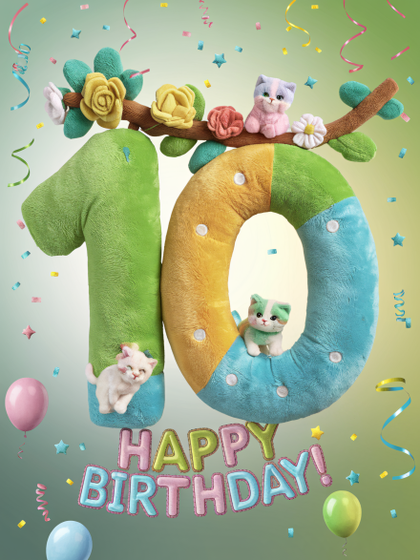 Happy 10th Birthday: Cute Plush Number Ten with Kittens