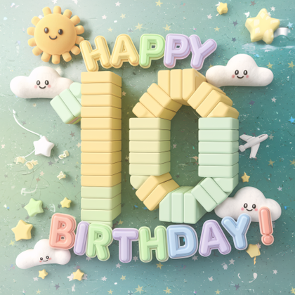 Happy 10th Birthday Cake with Cute Cartoon Elements