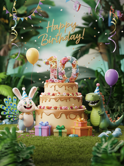 Happy 10th Birthday Cake with Cute Characters