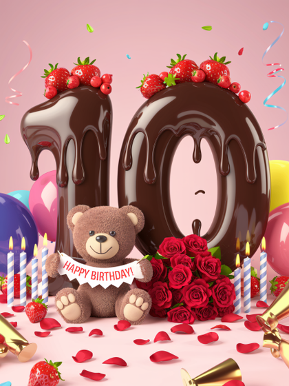 Tenth Birthday Chocolate Cake with Teddy Bear