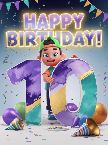 Happy 10th Birthday! Cheerful Boy 3D Render