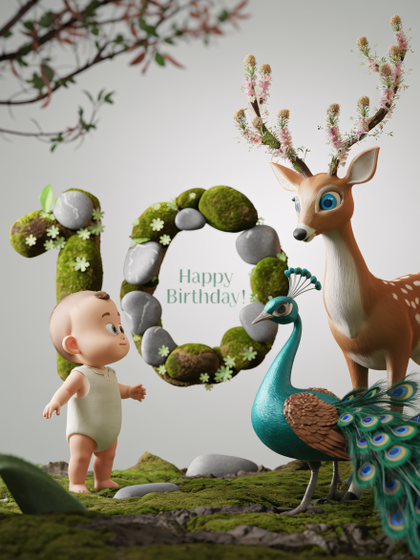 Magical Tenth Birthday Woodland Scene with Baby, Deer, and Peacock