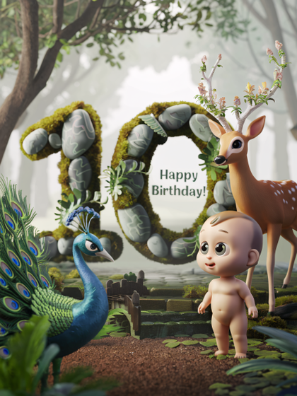 Magical Tenth Birthday Woodland Scene with Baby, Deer, and Peacock
