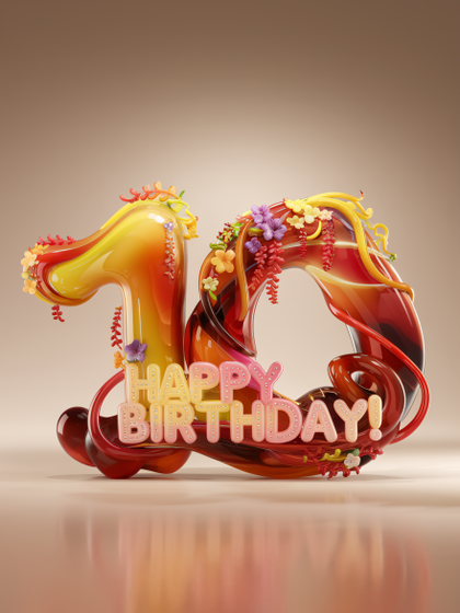 3D Rendered Happy 10th Birthday Glass Sculpture with Flowers