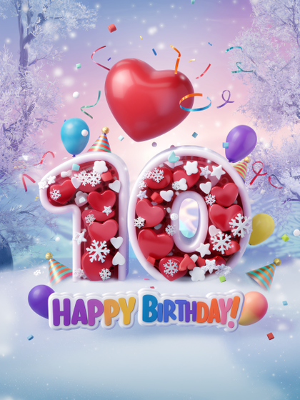 Festive 3D Render of Number 10 Tenth Birthday Celebration in Snowy Landscape