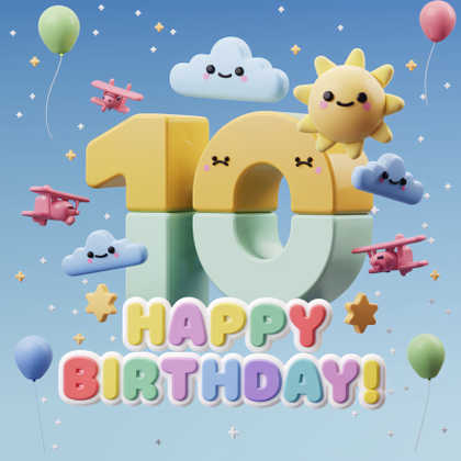 Happy 10th Birthday! Cute 3D Render of Number Ten with Cartoon Elements