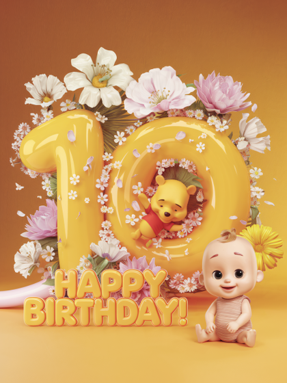 Cute Tenth Birthday Card with Winnie the Pooh and Baby