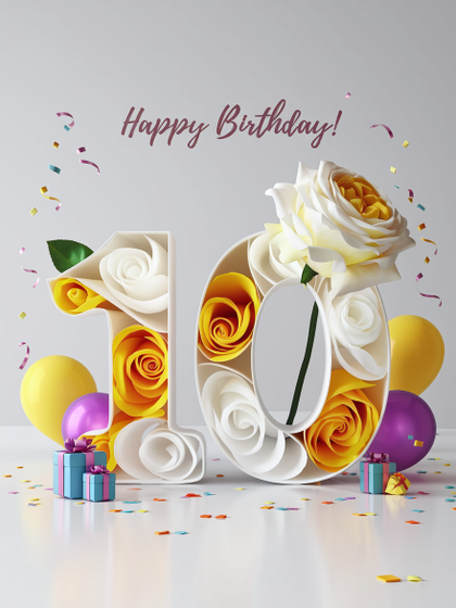 Happy 10th Birthday Floral Number with Balloons and Gifts