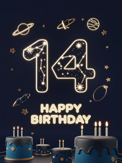 Free Download Happy 14th Birthday: 3D Cherry Number Cake