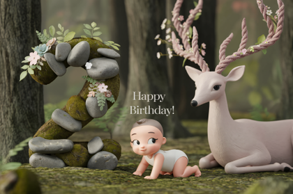 Happy 2nd Birthday: Adorable 3D Render of a Baby with a Stone Number Two and a Deer in a Forest