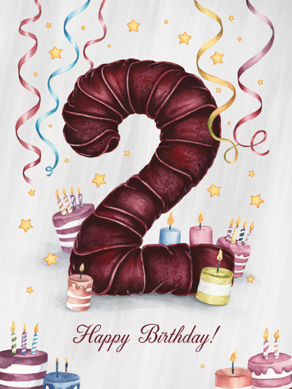 Watercolor Birthday Number Two with Cakes and Candles