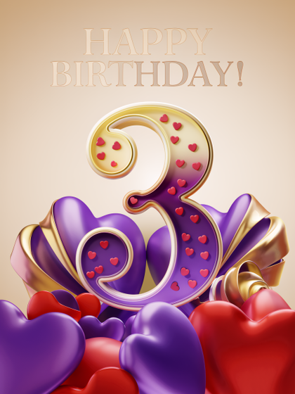 3rd Birthday Celebration: Number Three with Hearts