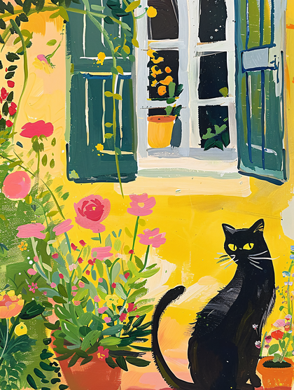 A Black Cat in a Garden Scene