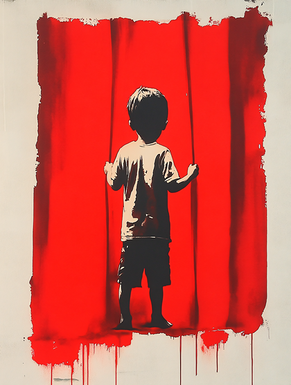 A Child Behind A Red Curtain
