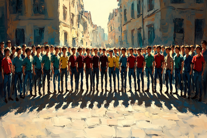 A Crowd of Men Standing in a Street