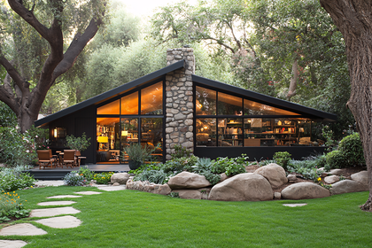 A-Frame House with Stone Chimney in Lush Garden