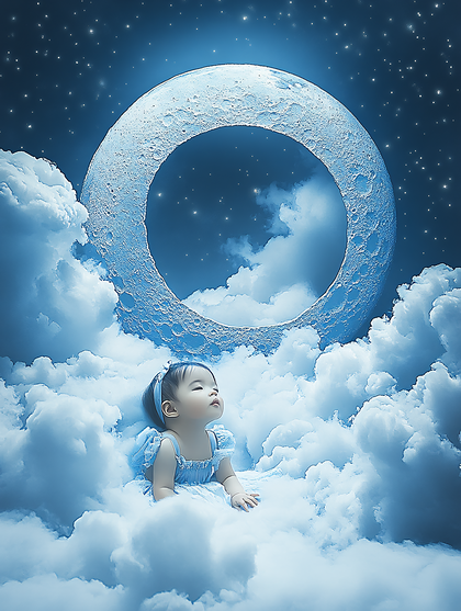 A Little Girl Among the Clouds and Moon
