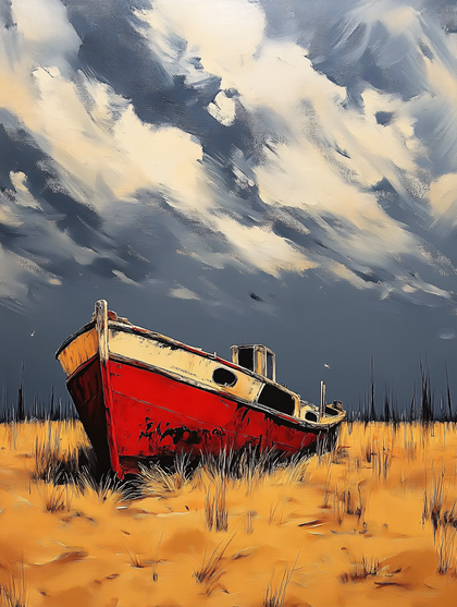 Abandoned Boat Under Stormy Sky