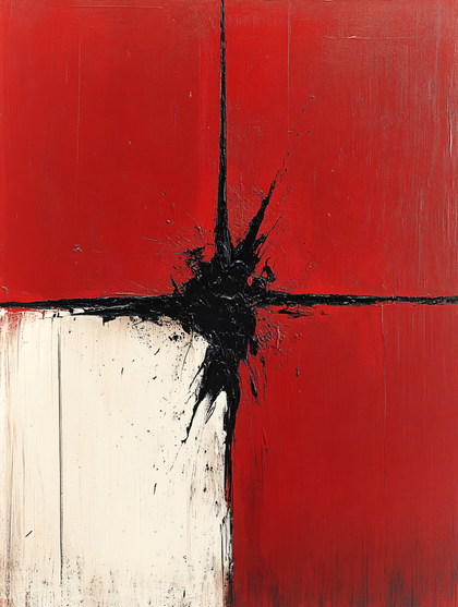 Abstract Black Burst on Red and White