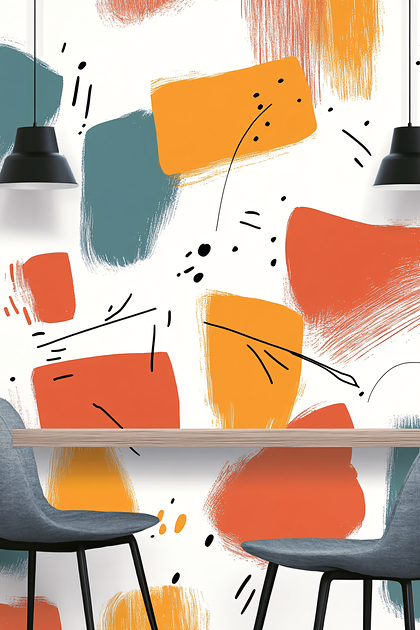 Abstract Brushstroke Wall with Modern Furniture