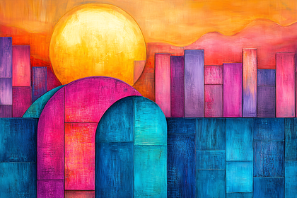 Abstract Cityscape Arches Sunset Painting