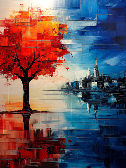 Abstract Cityscape with Red Tree