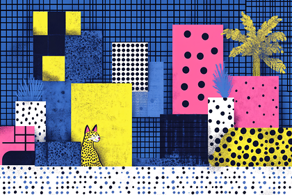 Abstract Geometric Composition with Leopard and Palm Tree