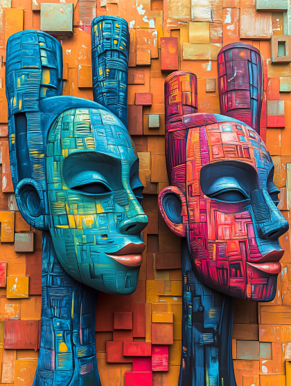 Abstract Mosaic Faces Sculpture