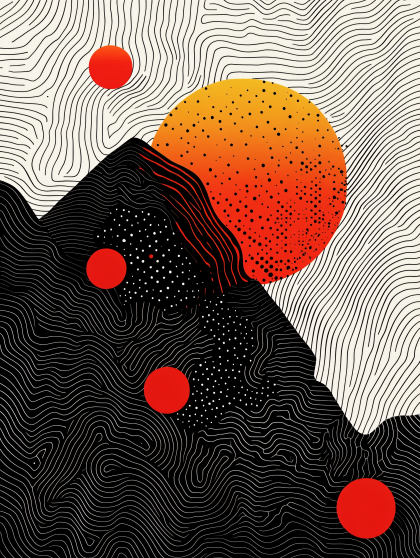 Abstract Mountain Landscape with Red Suns