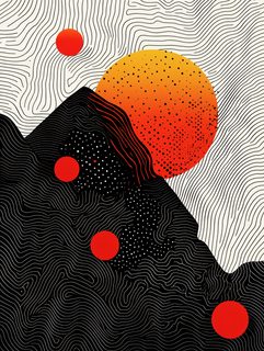 Abstract Mountain Landscape with Red Suns