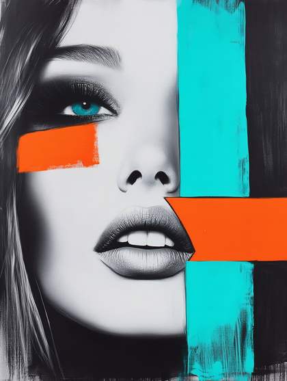 Abstract Portrait With Turquoise And Orange Strokes