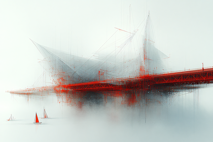 Abstract Red Bridge Over Foggy Water
