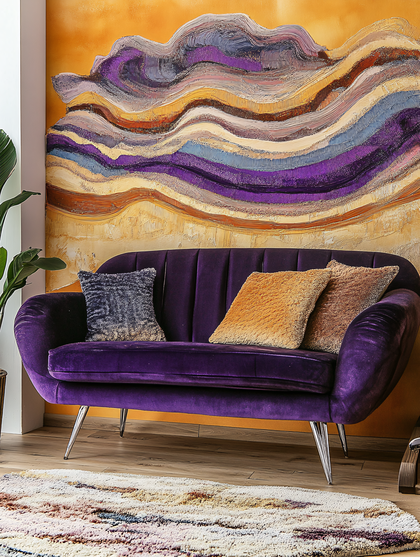 Abstract Textured Wall Art Behind Purple Sofa