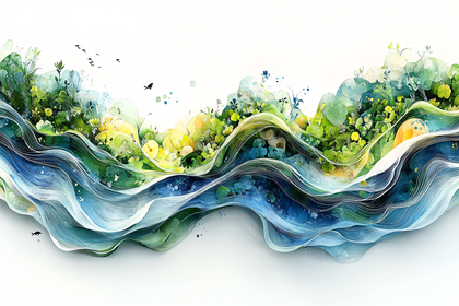 Abstract Watercolor Landscape with Flowing Water