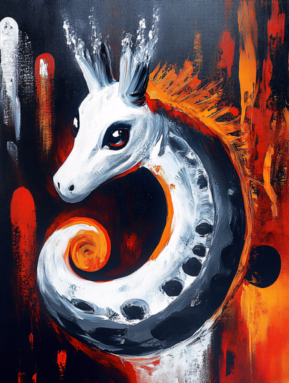 Abstract White Horse-like Creature with Coiled Neck