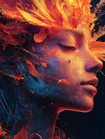 Abstract Woman Profile with Fiery Orange Feathers