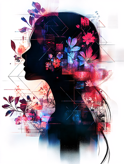 Abstract Woman Profile with Floral and Geometric Patterns