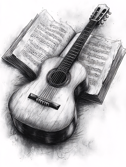Acoustic Guitar and Sheet Music Drawing