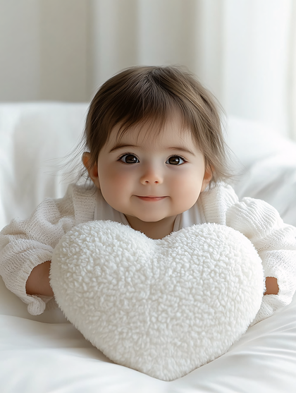 Adorable Baby Holding Heart-Shaped Pillow
