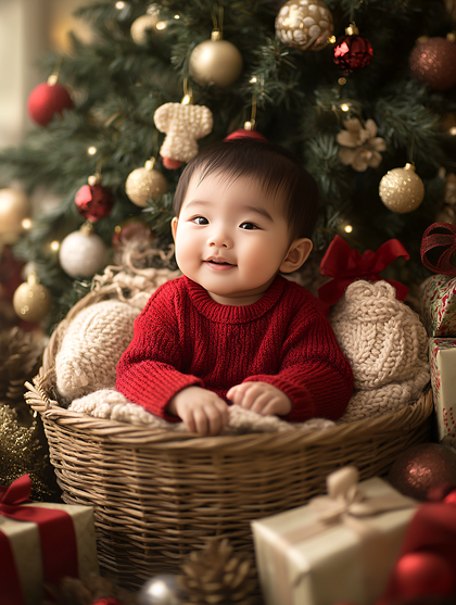 Adorable Baby In Christmas Basket
