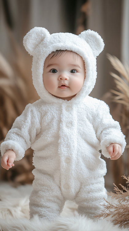 Adorable Baby In Fluffy White Onesie
