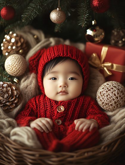 Adorable Baby In Knitted Christmas Outfit