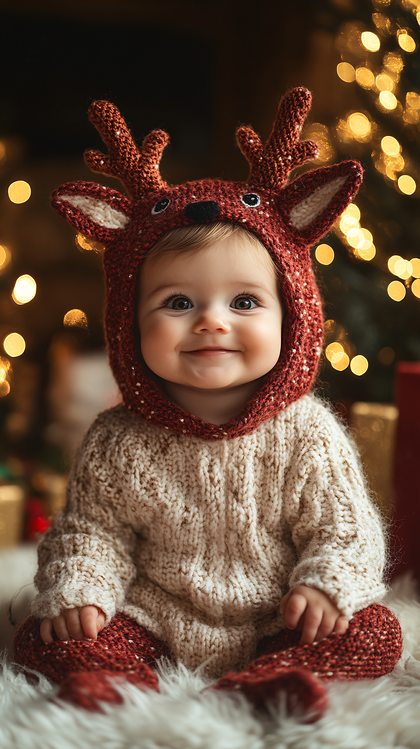 Adorable Baby In Knitted Christmas Outfit