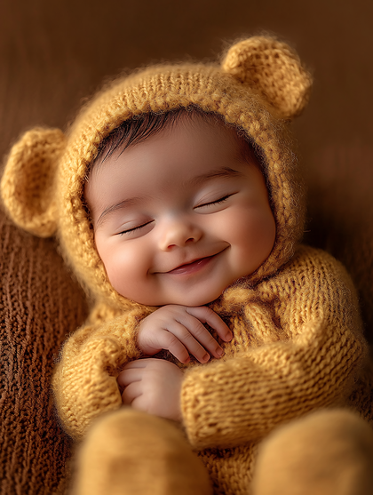 Adorable Baby In Knitted Outfit