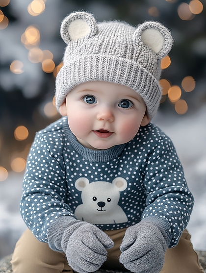 Adorable Baby In Winter Hat And Sweater