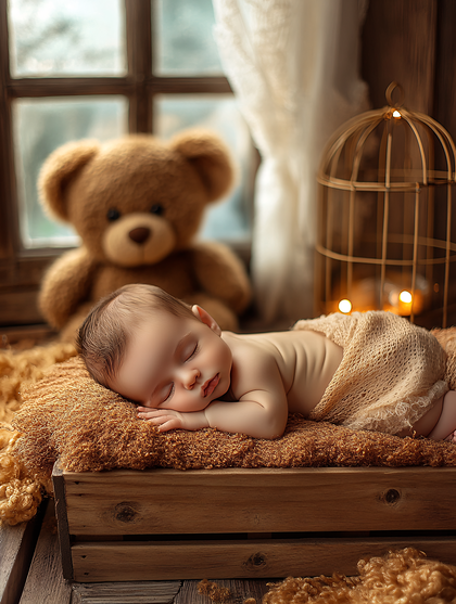 Adorable Baby Sleeping In Wooden Crate