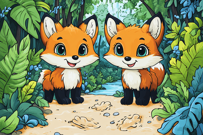 Adorable Fox Twins in a Lush Forest