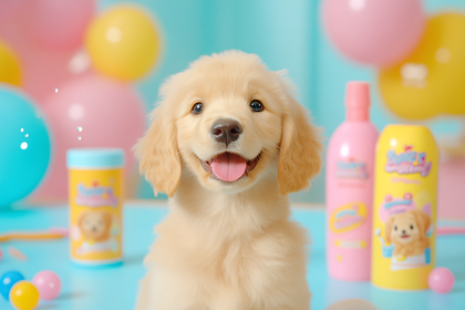 Adorable Golden Retriever Puppy with Balloons and Products