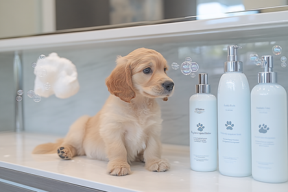 Adorable Golden Retriever Puppy with Grooming Products